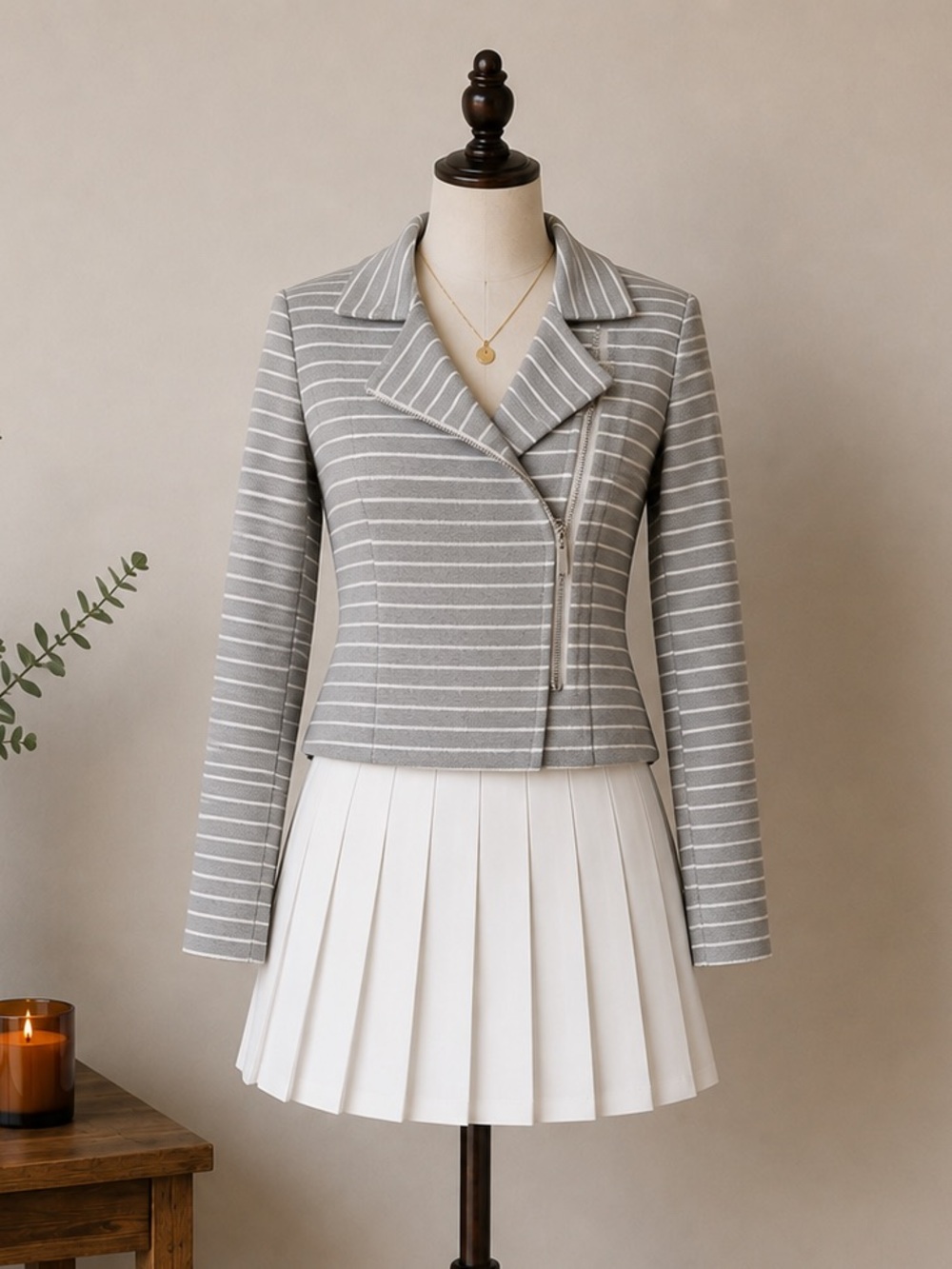 Tristan Striped Moto Jacket Asymmetrical Zip Corporate Chic Grey M